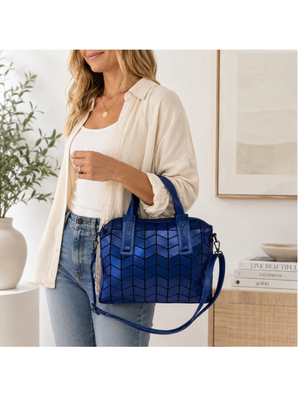 Emilio Pepe Italy Blue Geometric Convertible Satchel Crossbody Handbag